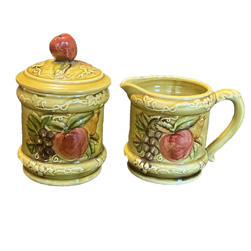 GEO Z LEFTON Vintage 3 Piece 3743 Yellow Creamer‎ & Sugar-Apples/Pears/Grapes